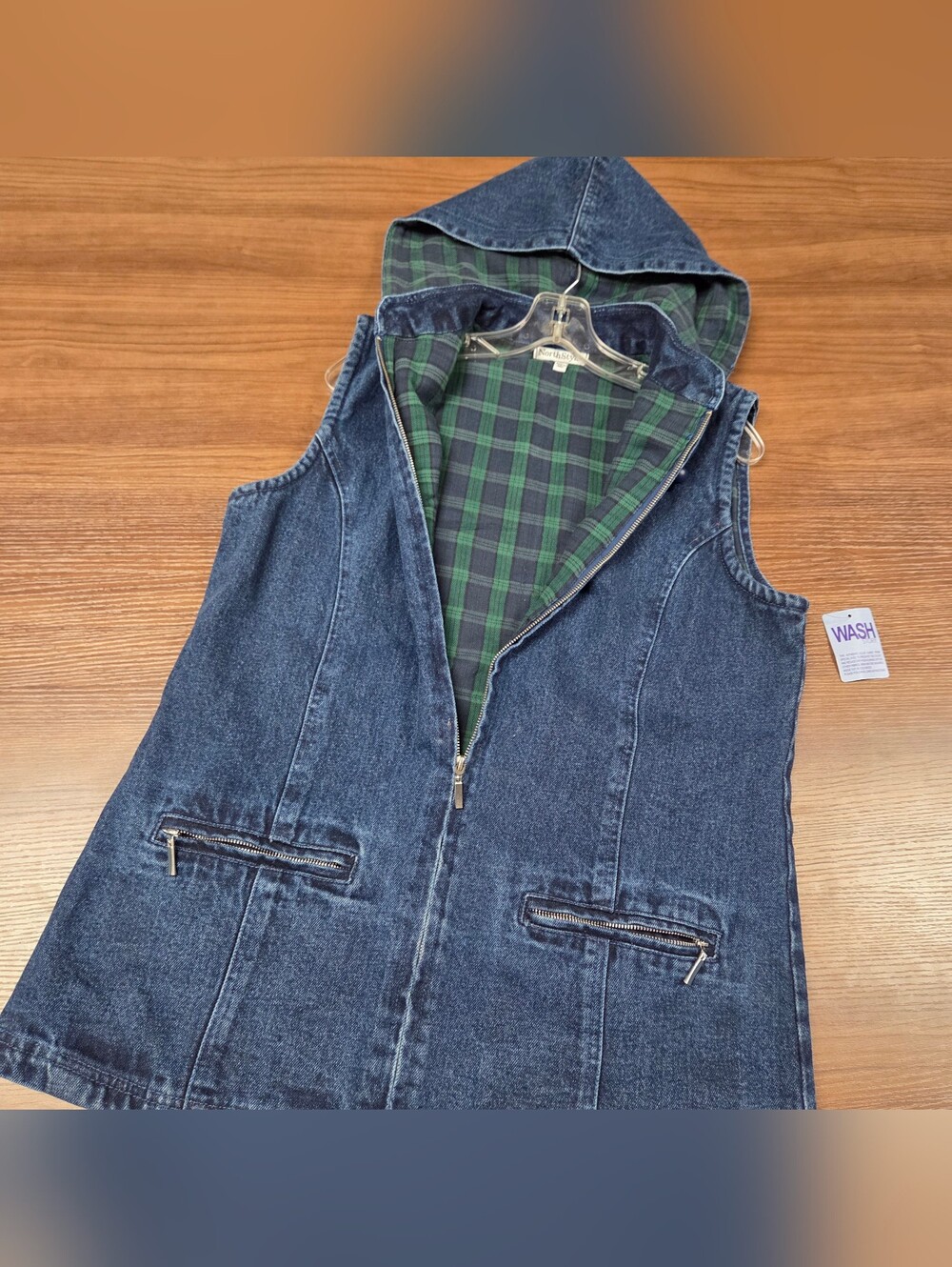 Vintage Northstyle Denim Vest Lined Plaid Flannel Zip Front NEVER WORN Sz Medium